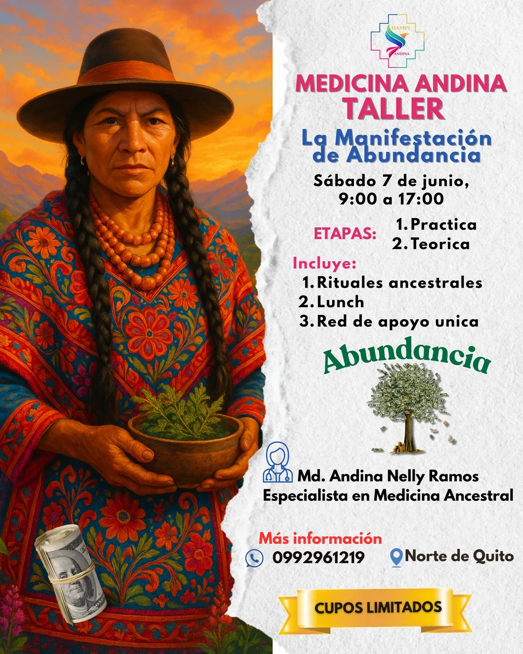 Anuncio · taller de abundancia para Hampi Andina · medicina ancestral